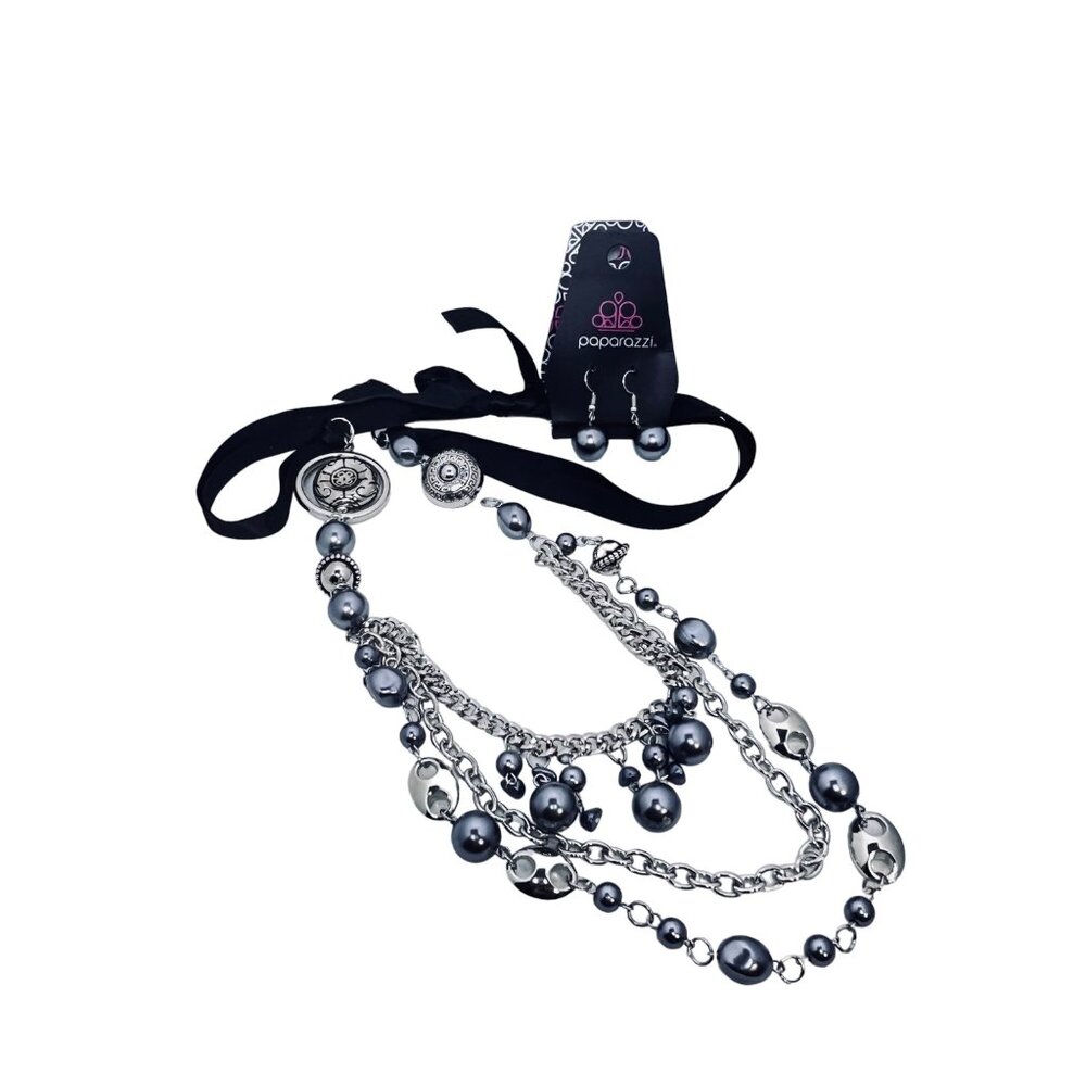 Paparazzi Silver Tone, Gray And Black Necklace W/Pierced Earrings Set (5459) - Picture 2 of 5